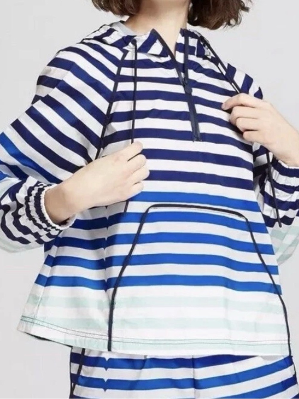 Hunter for Target Womens Striped Blue Half Zip Hooded Rain Jacket Pullover Sz XS